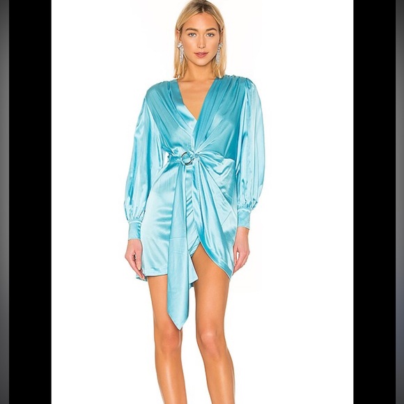 Retrofete Dresses & Skirts - Retrofete Turquoise Satin Wrap Mini Dress